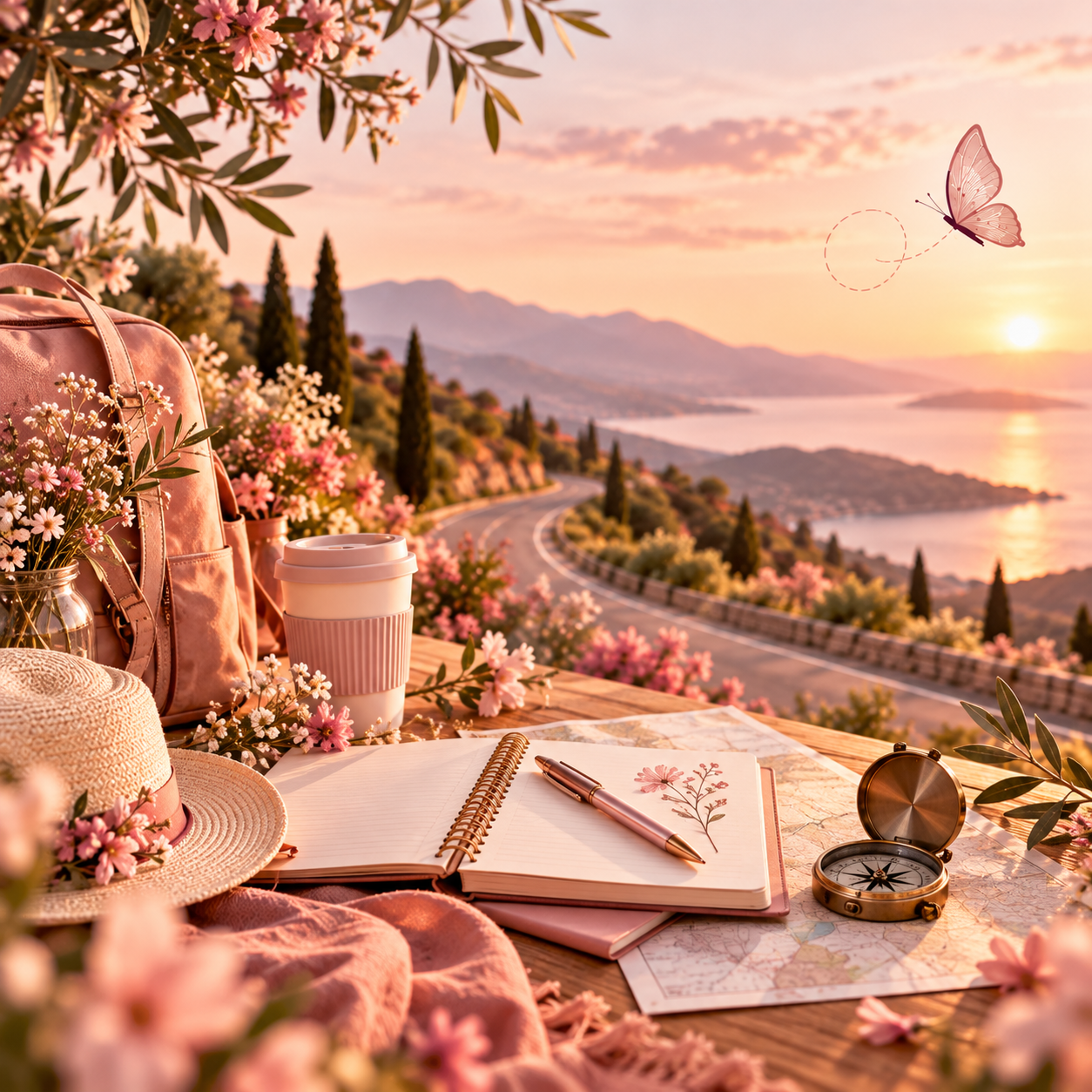 Un carnet de voyage ouvert, une boussole et une carte pos&eacute;s sur une table face &agrave; la mer au coucher du soleil