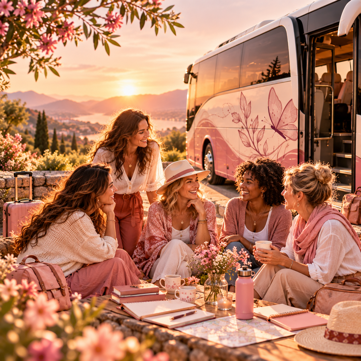 Un groupe de femmes qui rient et discutent autour d'une table devant le Bus de l'Envol