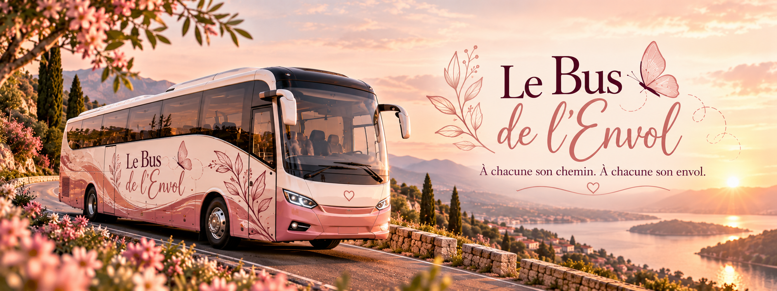 Le Bus de l'Envol &ndash; Bienvenue &agrave; bord. Un autocar rose et blanc sur une route fleurie au coucher du soleil. &Agrave; chacune son chemin. &Agrave; chacune son envol.